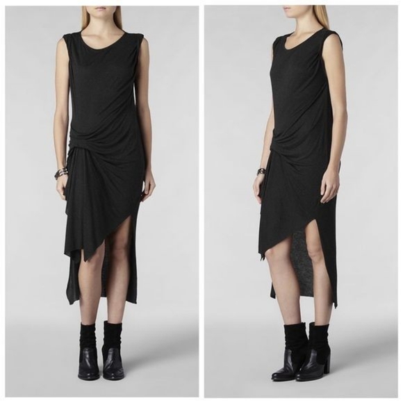 Allsaints Riviera Jersey Gathered Asymmetrical Dress Angora Viscose Sz 6 - Picture 2 of 16